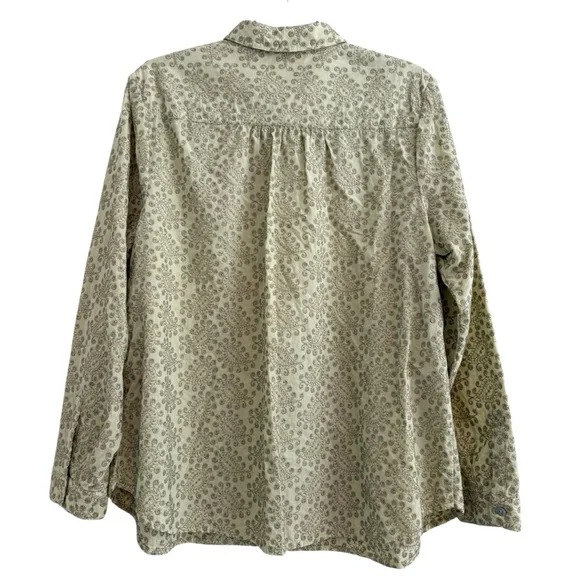 J. Jill Size L Olive Green Floral Embroidered Button-Up Blouse Boho Cotton Top - Picture 6 of 9